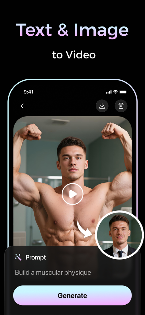 Viflux - AI Photo & AI Video - Viflux app interface showing a text and image to video feature where a man's headshot is transformed into a muscular physique using an AI prompt.