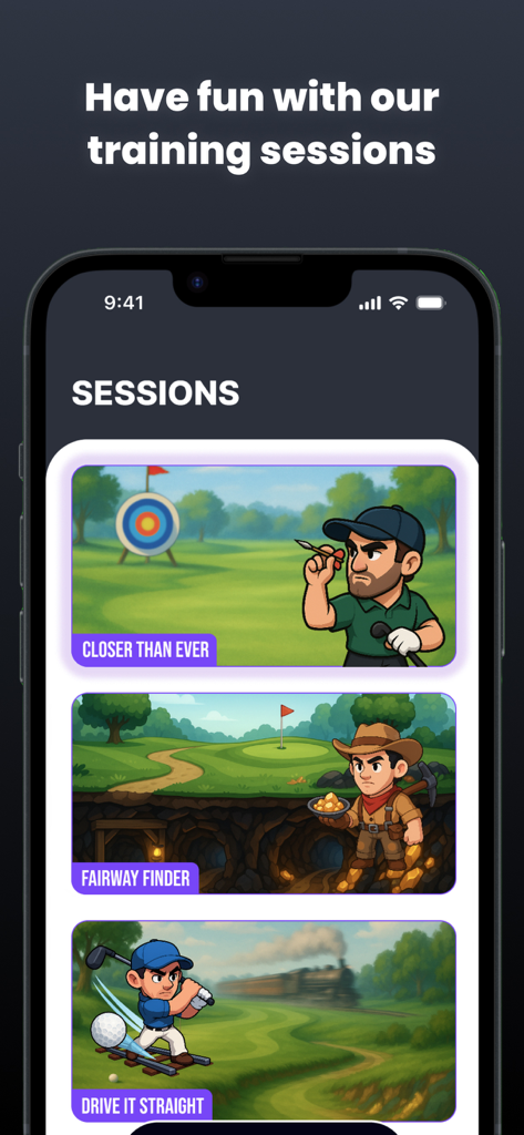 Pro Golf Training - Pro Golf Training app screen showing gamified training sessions like Fairway Finder and Drive It Straight with cartoon illustrations