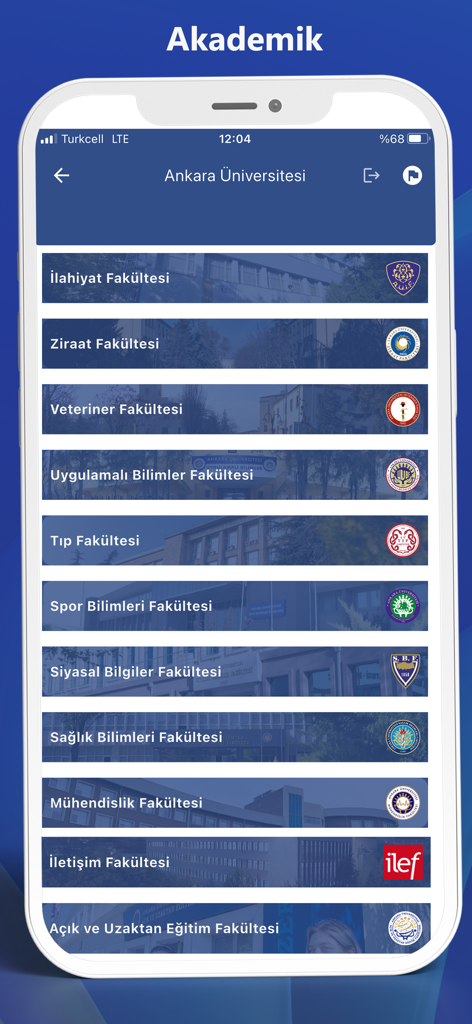 Ankara University mobile app academic faculties list screen