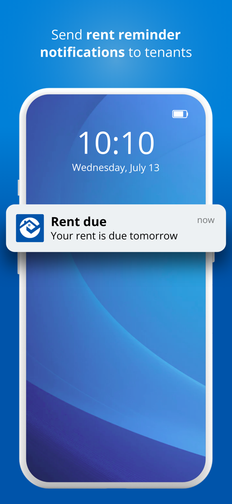 A smartphone screen displaying a RentRedi app notification stating that rent is due tomorrow.