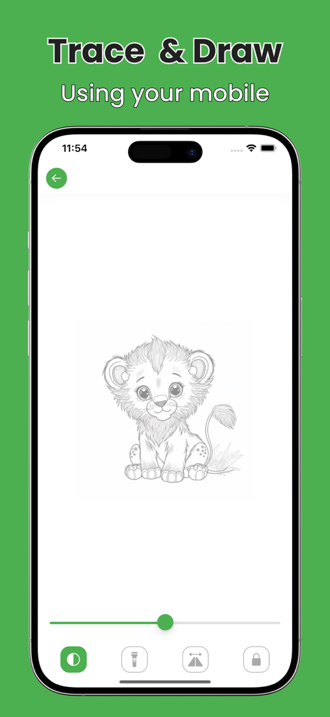 AR Drawing Sketch Trace Paint - AR Drawing app interface showing a cute lion sketch for tracing on a mobile device