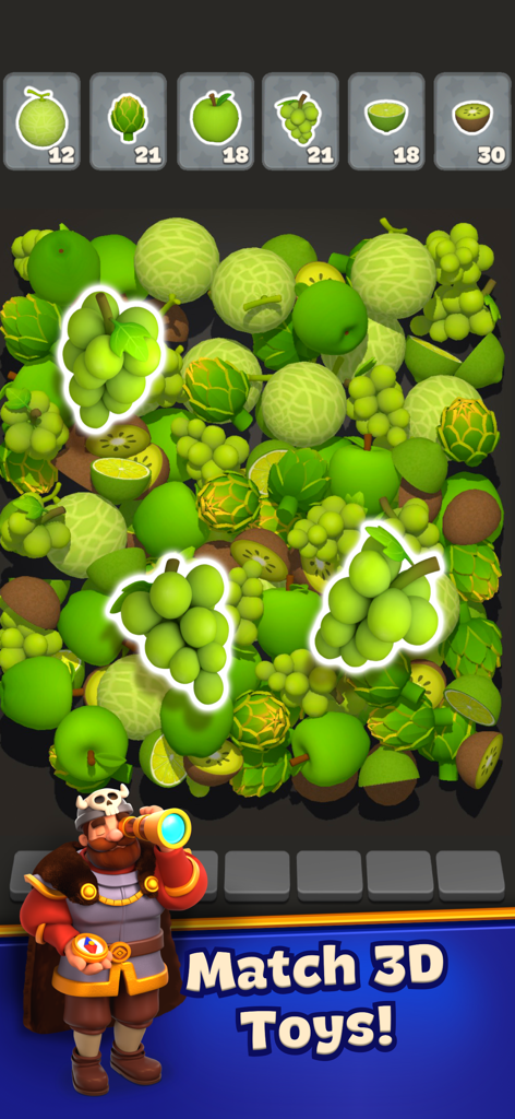 Match 3D Saga - A pile of 3D green fruits like grapes and melons in a matching puzzle game