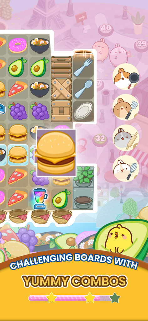 Molang Match'n Munch - A match-3 puzzle board from Molang Match'n Munch featuring food icons and the character Piu Piu in an avocado