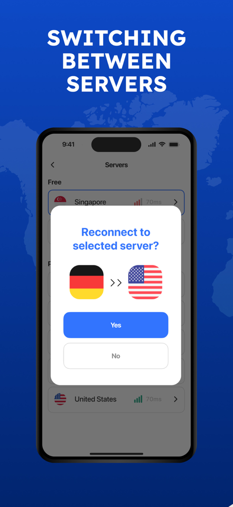 Interfaz de la aplicación Octopus VPN que muestra una indicación para cambiar la conexión del servidor de Alemania a Estados Unidos.