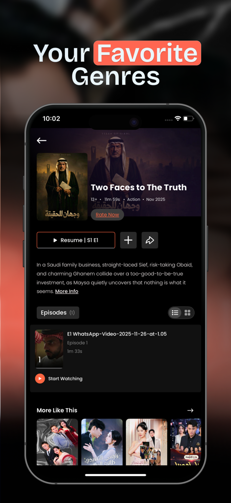 Seera سيرة - Pantalla de la aplicación Seera que muestra detalles de la serie de micro-drama árabe 'Two Faces to The Truth' con selección de episodios y recomendaciones