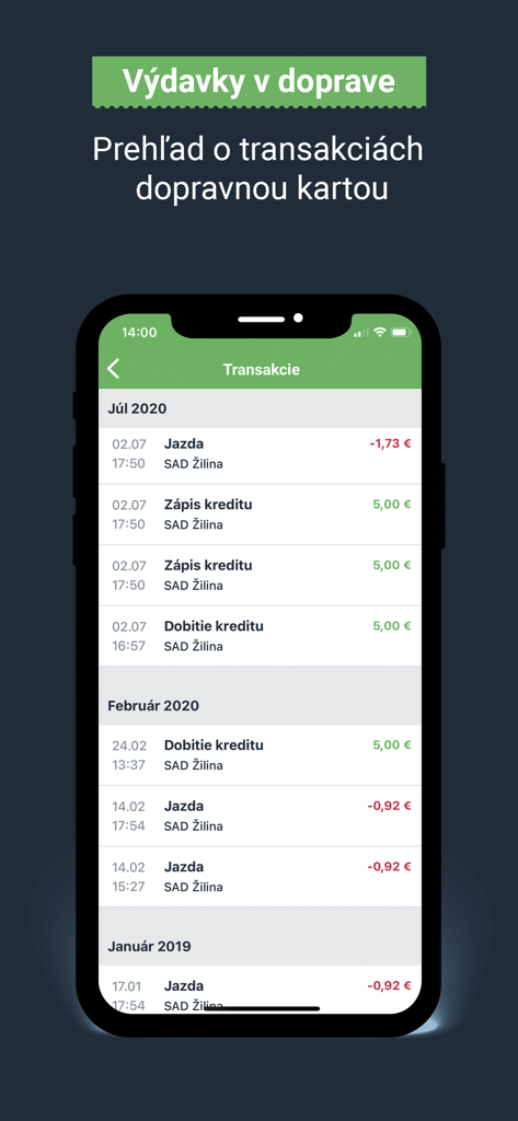 Un smartphone affichant l'historique des transactions de l'application Ubian pour une carte de transport public en Slovaquie.