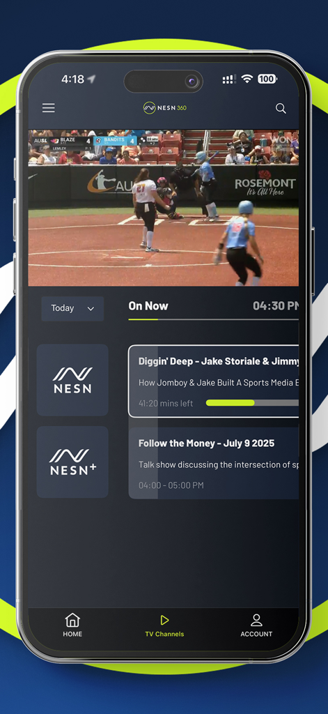 NESN 360 app interface showing a live sports broadcast and the daily TV channel schedule