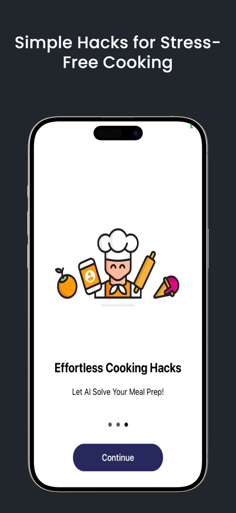 Recipe Book : Plan & Organize - Pantalla de incorporación de la aplicación Recipe Book con una ilustración de chef y texto sobre preparación de comidas impulsada por IA