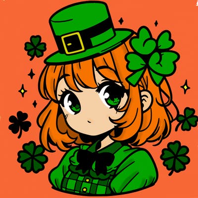 a manga-style girl with clovers around her, a little hat in her hair, like it's saint patrick's day