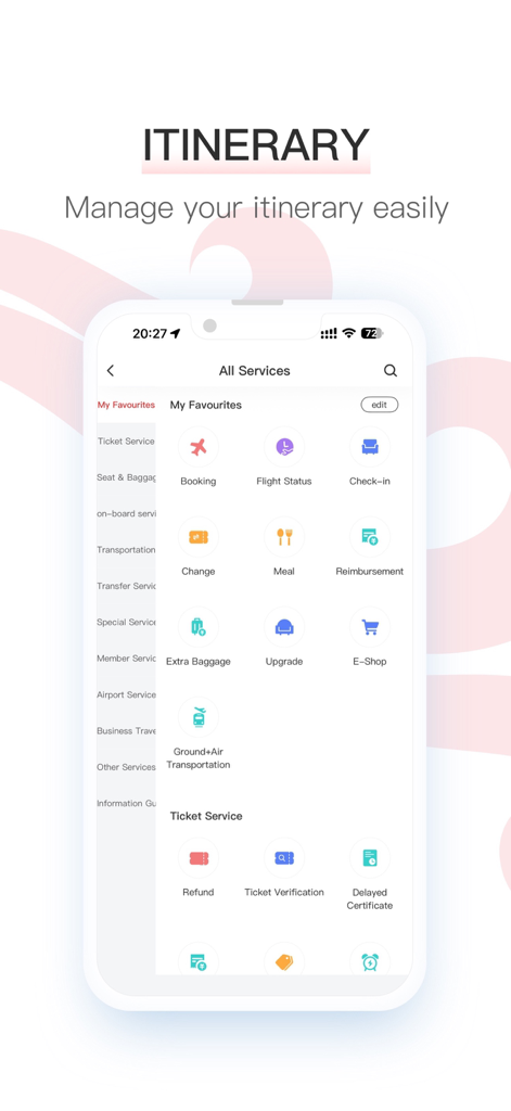 Air Chinaモバイルアプリの画面。フライト旅程と旅行サービスの管理用。