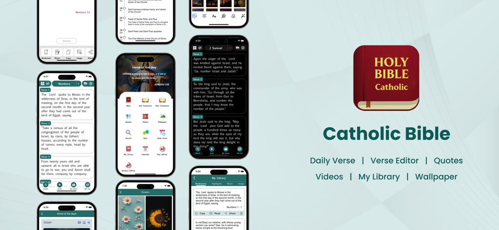 Catholic Bible mobile app interface showing spiritual study features