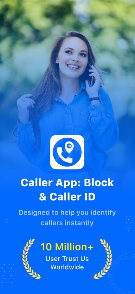 Caller App : Block & Caller ID - Introductory screen for Caller App showing a woman on a phone call with a 10 million user trust badge