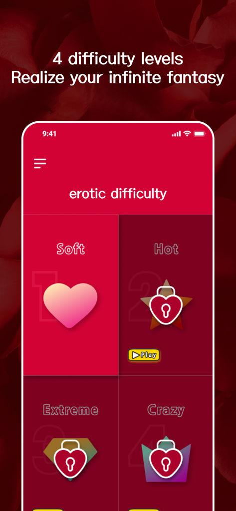 SexGame Truth or Dare - Interfaz de la aplicación Verdad o Reto que muestra cuatro niveles de dificultad, de Suave a Loco, para juego de adultos.