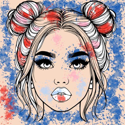 realistic girl with two buns on her hair and lips