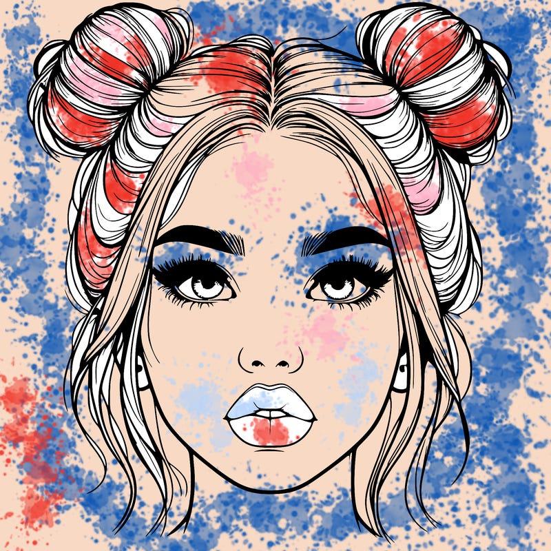 realistic girl with two buns on her hair and lips