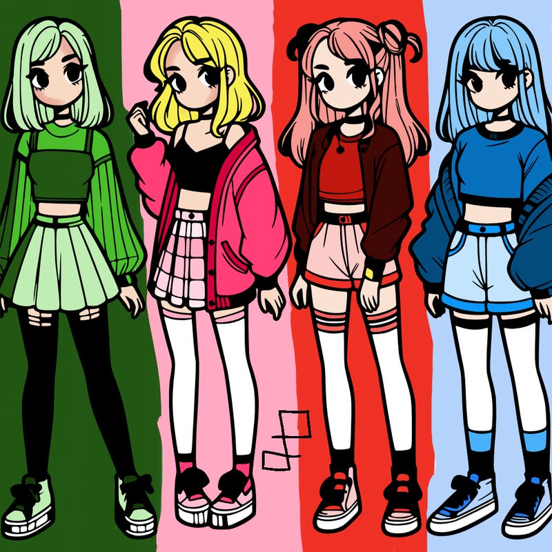 one girl with crop-top shirt and a jacket with a skirt, long socks and another girl with a shirt and pants with a jacket