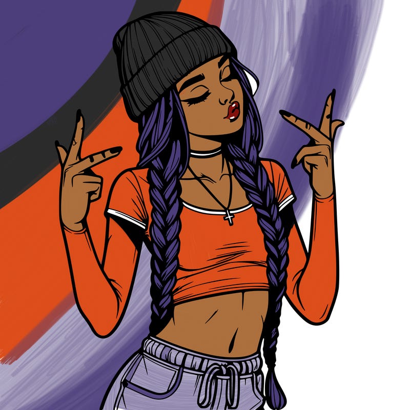 realistic teenage girl with braids and a beanie and crop top doing 🫶🏼