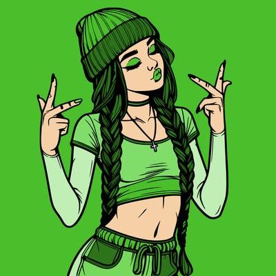 realistic teenage girl with braids and a beanie and crop top doing 🫶🏼