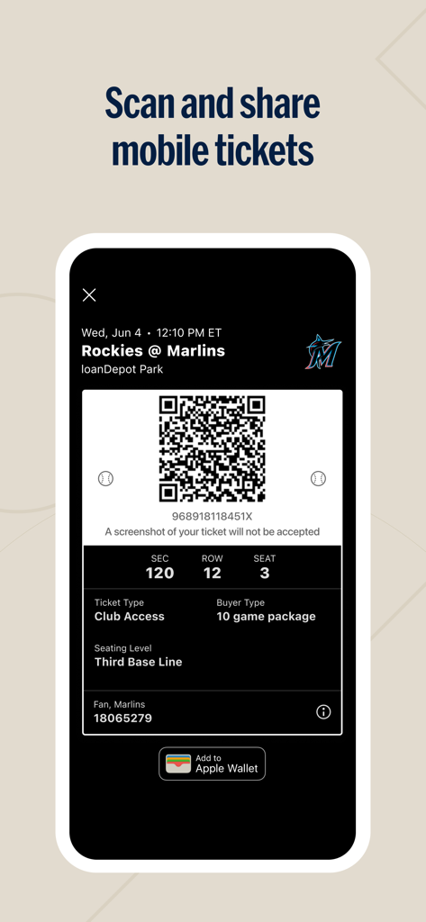 A digital baseball ticket with QR code on the MLB Ballpark app