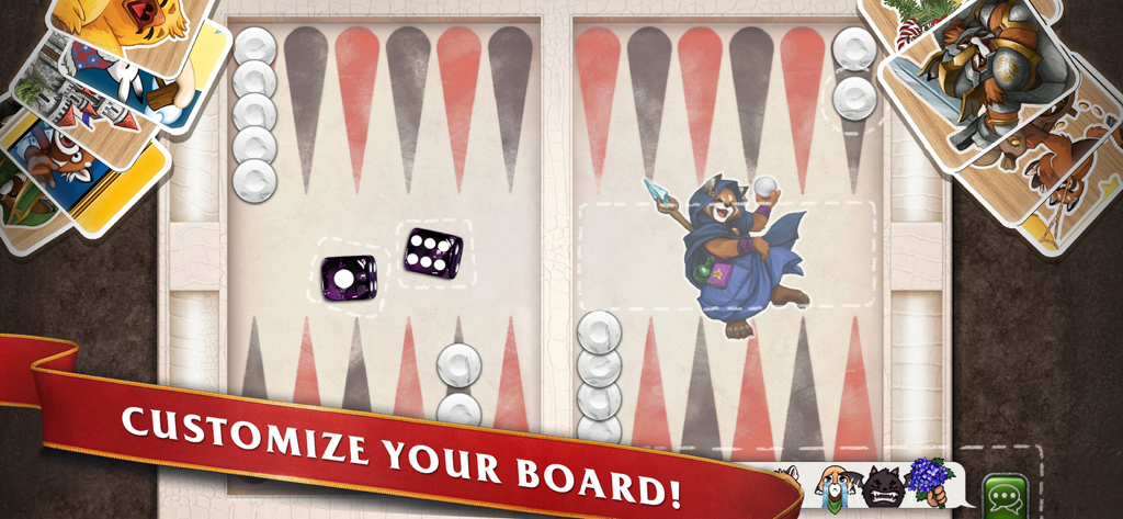 Backgammon Masters - Una captura de pantalla de Backgammon Masters que muestra la función de personalización del tablero con una skin de cocodrilo blanco y gráficos de personajes.