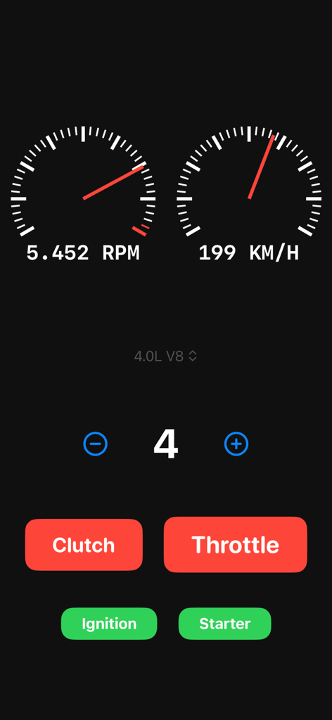Engine Sim - Engine Sim interface with RPM and speed gauges for a 4.0L V8 engine