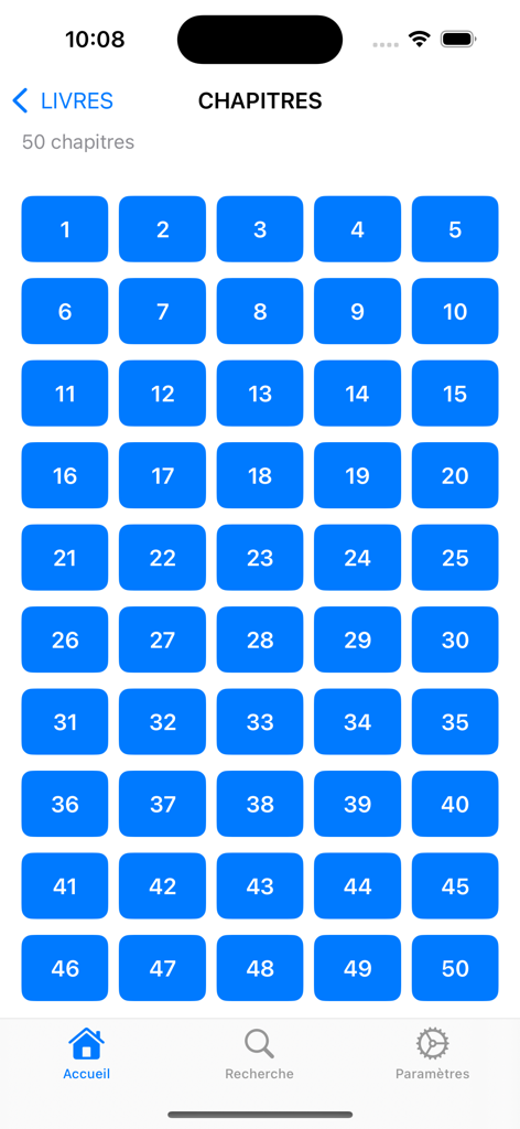 Bible-hymne-Guide - Uma tela exibindo uma grade de botões azuis numerados de um a cinquenta para a seleção de capítulos em um aplicativo religioso francês.