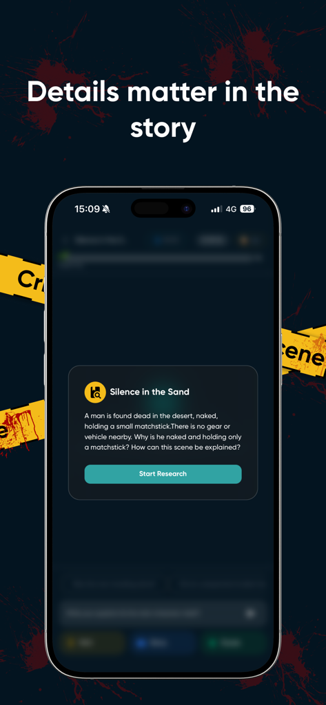 What Happened? Be a detective! - 사막에서 발견된 남자에 대한 측면 사고 미스터리 수수께끼를 보여주는 모바일 게임 인터페이스