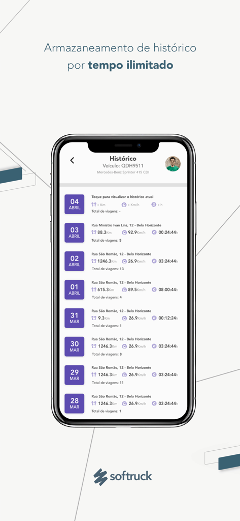Softruck Mobile App Screenshot zeigt unbegrenzte Fahrzeughistorie mit täglichen Fahrtprotokollen und Distanzverfolgung