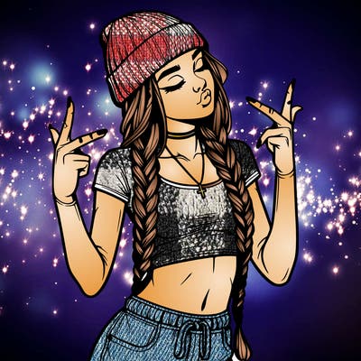 realistic teenage girl with braids and a beanie and crop top doing 🫶🏼