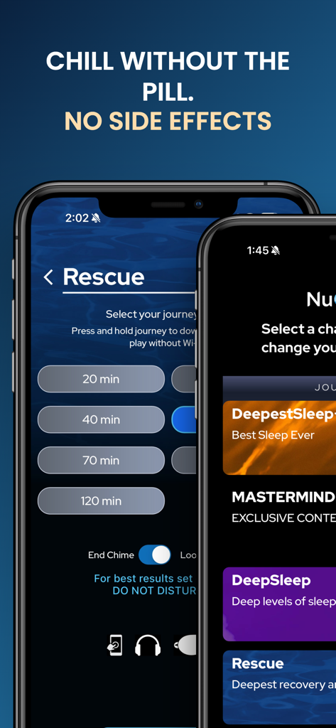 NuCalm:Sleep, Recover, Perform - NuCalm app interface showing session time selection for stress rescue and deep sleep journeys