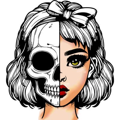 realistic girl with half skull mask