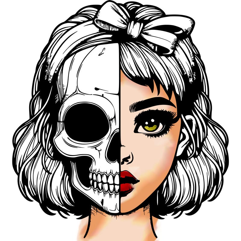 realistic girl with half skull mask