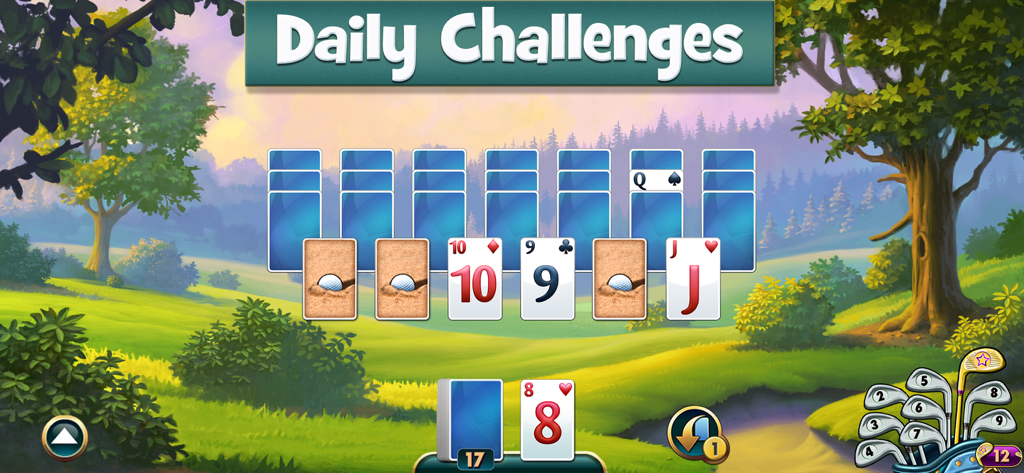 Fairway Solitaire - Card Game - フェアウェイソリティアのカードゲーム。美しい手描きのゴルフコースの背景に設定されたデイリーチャレンジレベルが表示されています。