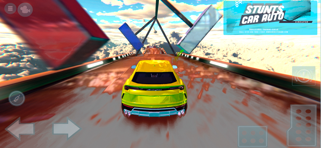 Car Crash City Tourism - Yellow supercar driving on an elevated stunt track above the clouds with obstacles