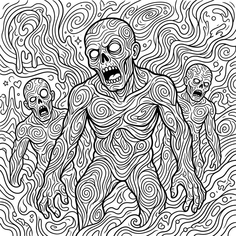 Dive into a mind-bending world with our giant psychedelic zombie coloring page, featuring colossal undead creatures entwined in swirling, surreal patterns. This unique design offers an exhilarating coloring experience for fans of horror and abstract art alike.
