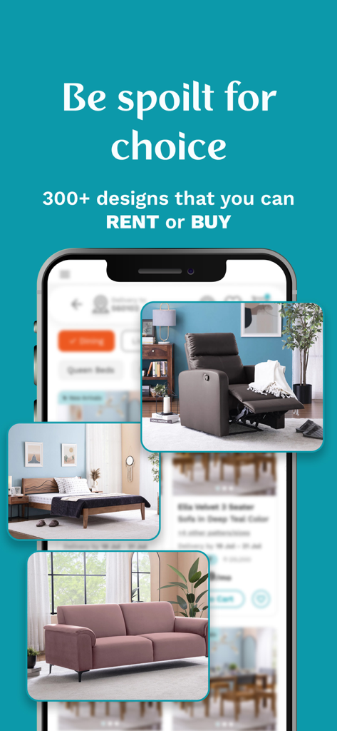 Furlenco app screen showing furniture options like beds and sofas with the text Be spoilt for choice 300 plus designs to rent or buy