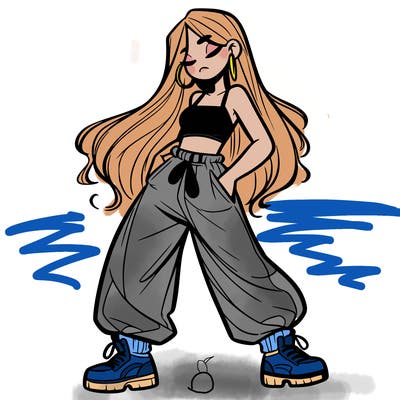 girl in baggy pants crop top and long hair