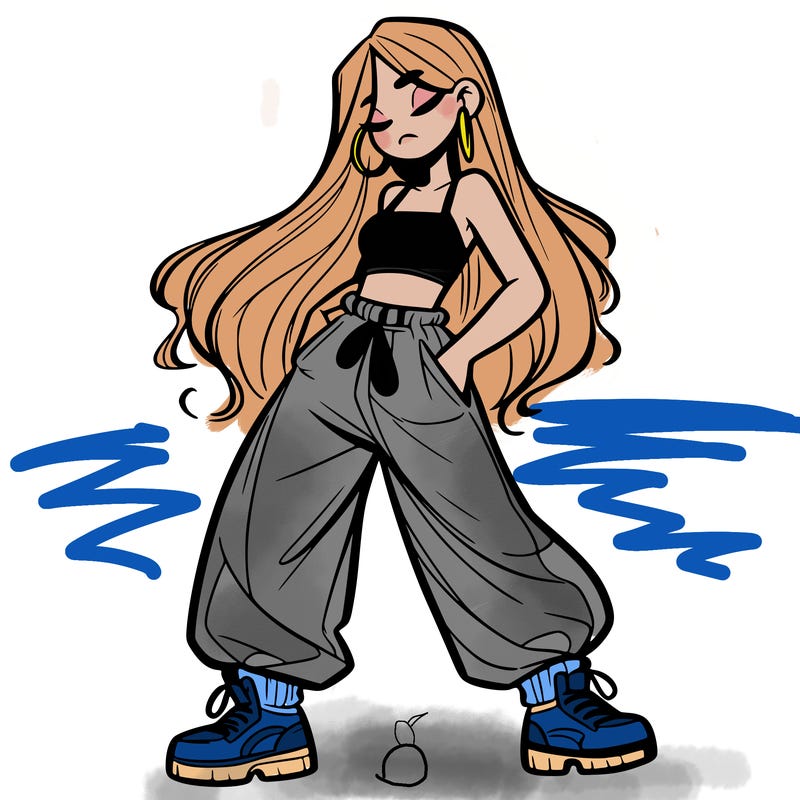 girl in baggy pants crop top and long hair