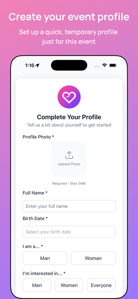 The Hooked App - Screenshot of the event profile setup page in The Hooked App showing fields for name birth date and gender