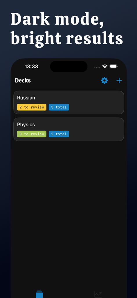 Ebbinghaus - Ebbinghaus flashcard app interface in dark mode showing study decks for Russian and Physics