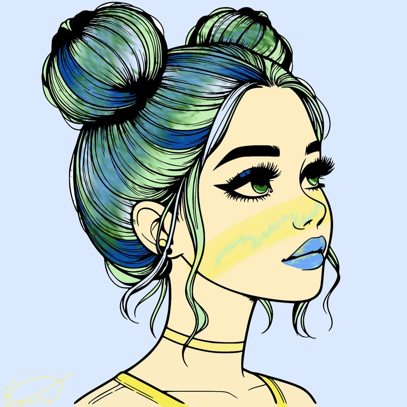realistic girl with buns on the top of her head