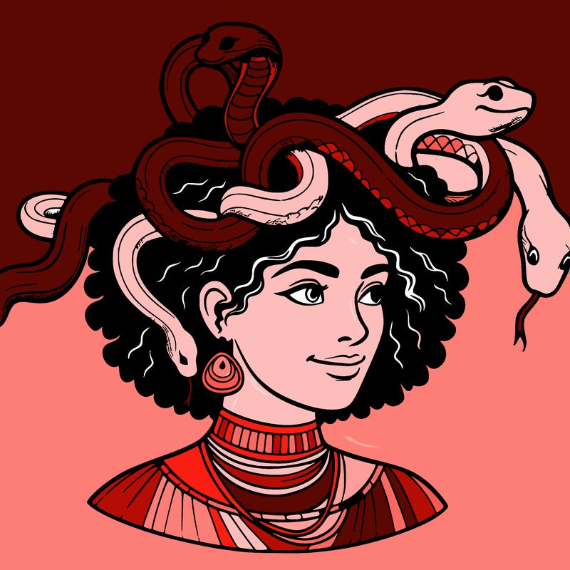 realistic woman snakes on head