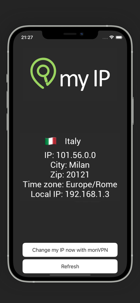 Interfaccia dell'app My IP che mostra dettagli degli indirizzi IP pubblici e locali