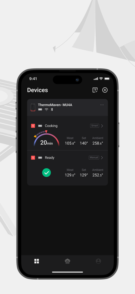 Interface de l'application ThermoMaven montrant la surveillance de la température de la viande en temps réel et les alertes de cuisson
