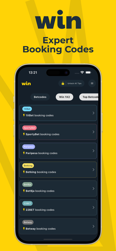 Mobile app screen displaying expert booking codes for various sportsbooks