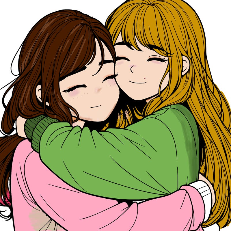 realistic two girls hugging