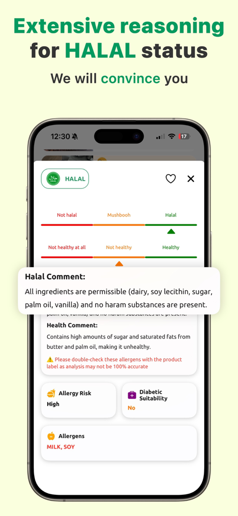 Halal Scanner AI Food Analyze - Screenshot der Halal Scanner AI App, die den Halal-Status, Gesundheitskommentare und Allergenrisiken des Produkts anzeigt.