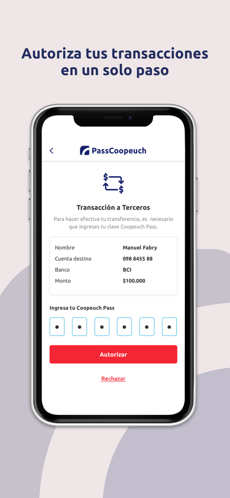 PassCoopeuch - PassCoopeuch app screen for authorizing a third party bank transfer with a secure PIN entry field