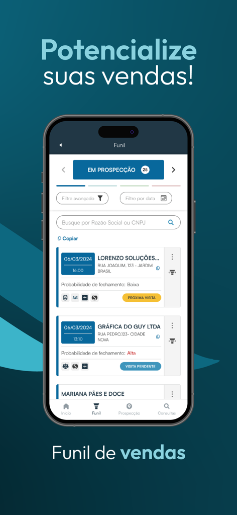 Villela Brasil Bank Franqueado - Villela Brasil Bank app interface showing the sales funnel and prospecting list for business franchisees.