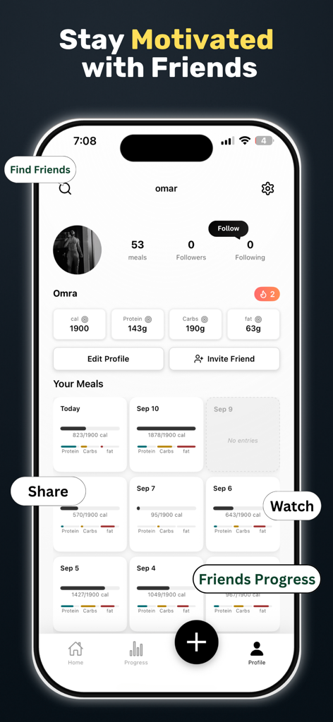 Bite AI: Photo Calorie Counter - Bite AI app profile page showing daily macro goals meal progress bars and social follow options